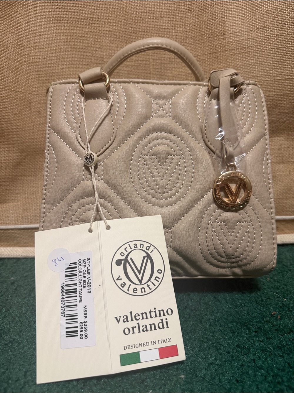 Valentino Orlandi Taupe Quilted Mini Top-Handle Bag with Gold Charm